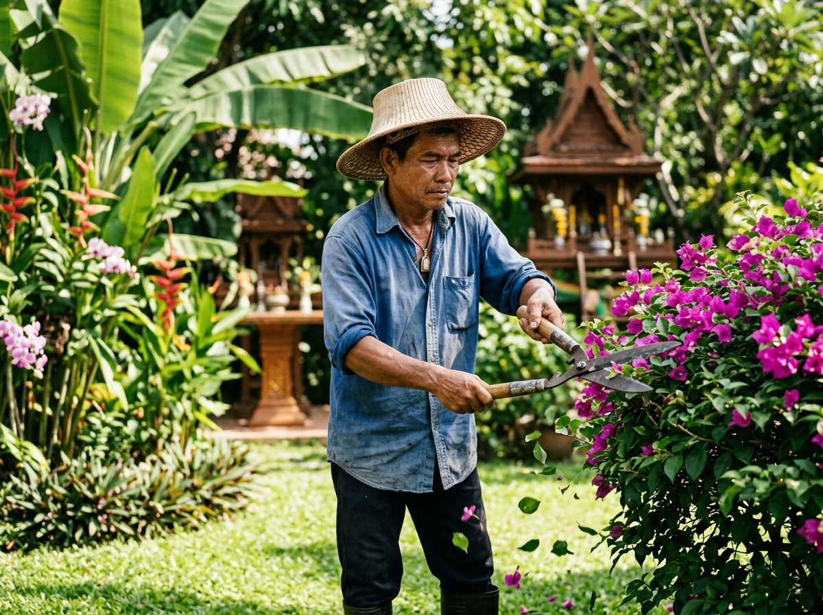 Professional gardener at work in a Thai garden / ช่างจัดสวนมืออาชีพกำลังทำงานในสวนไทย