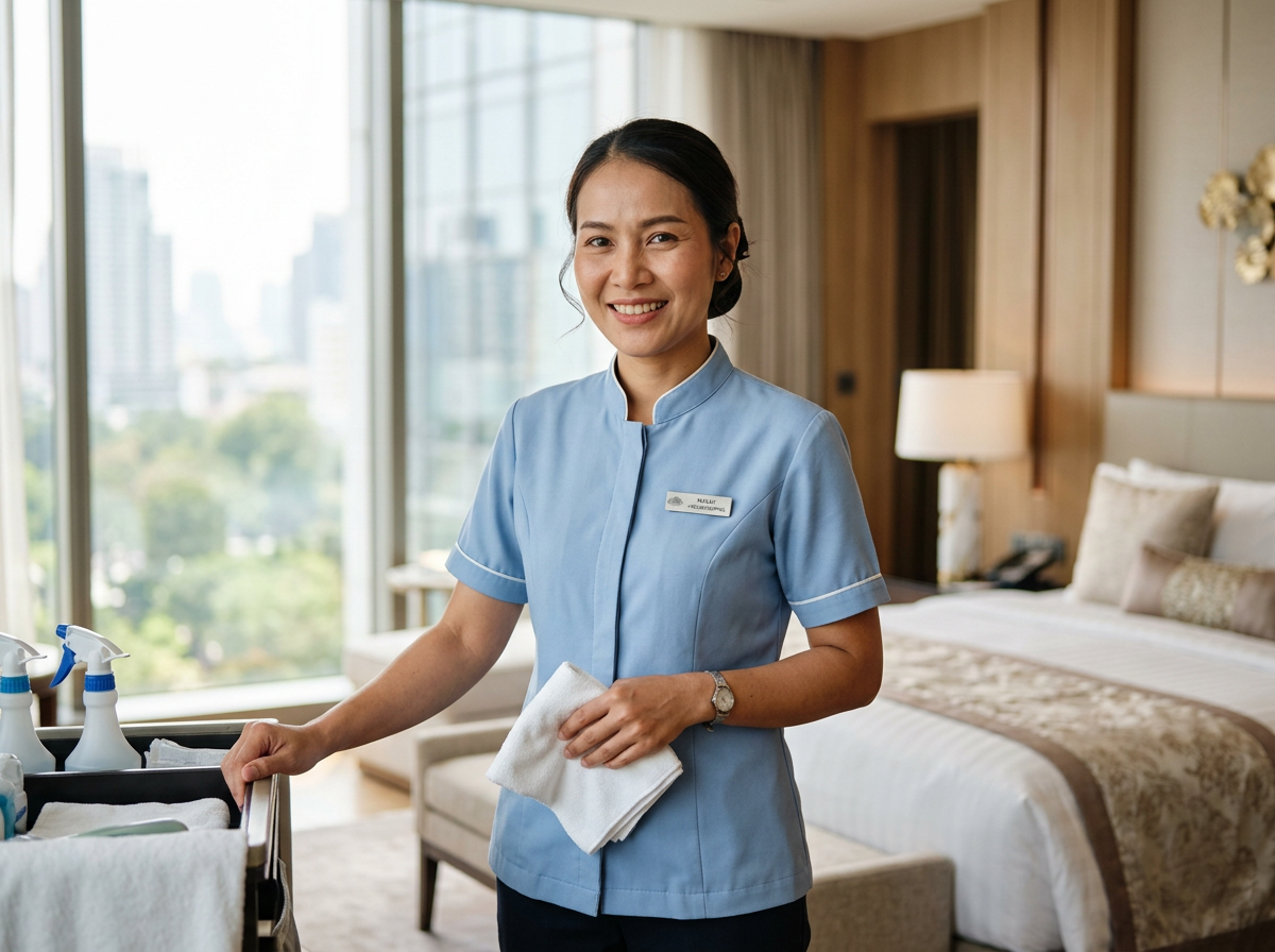 Friendly Thai cleaning professional smiling / พนักงานทำความสะอาดชาวไทยกำลังยิ้ม