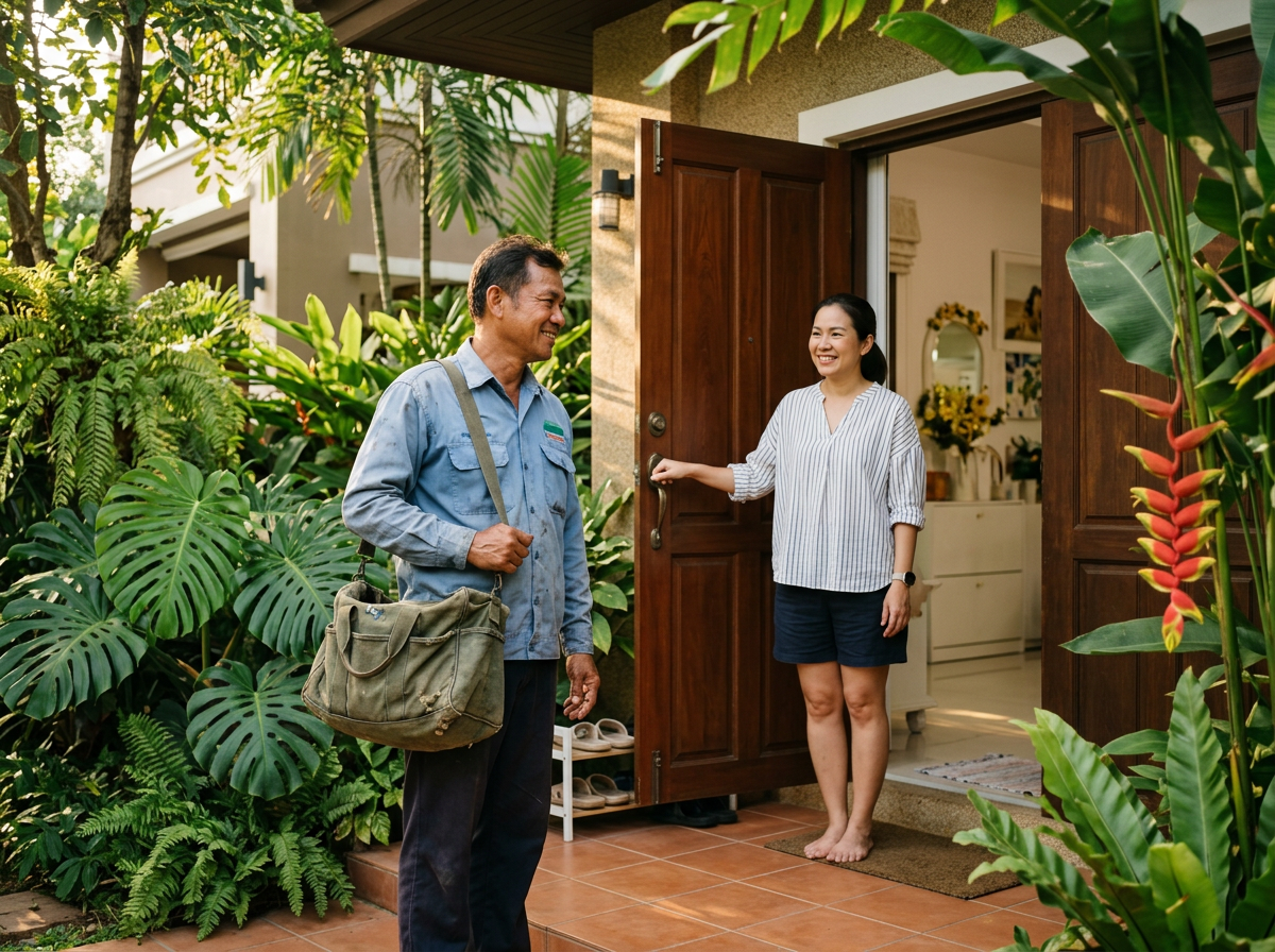 Thai handyman welcomed at a front door / ช่างไทยได้รับการต้อนรับที่หน้าบ้าน