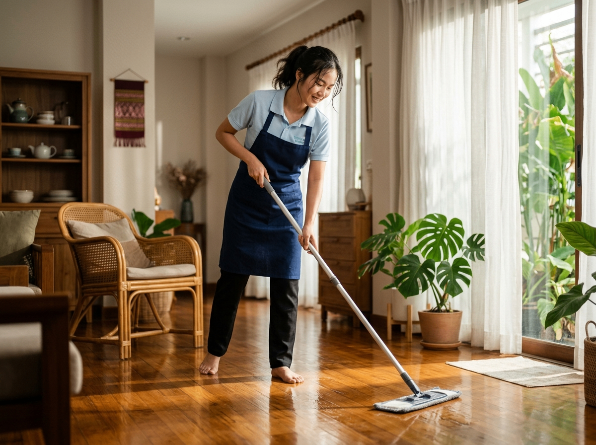 Cleaner mopping a tiled floor in a Thai home / พนักงานทำความสะอาดกำลังถูพื้นกระเบื้องในบ้าน