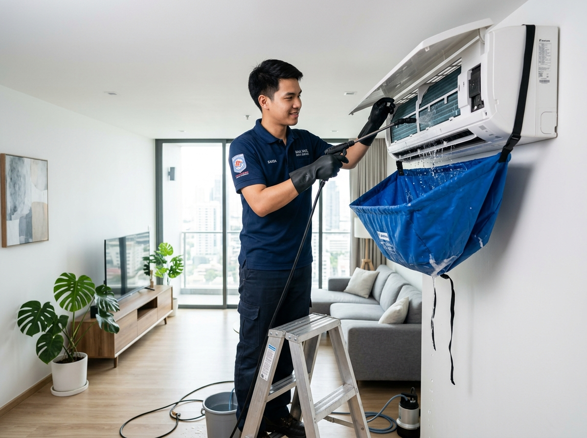 Air-conditioning service in progress / งานบริการล้างและบำรุงรักษาแอร์