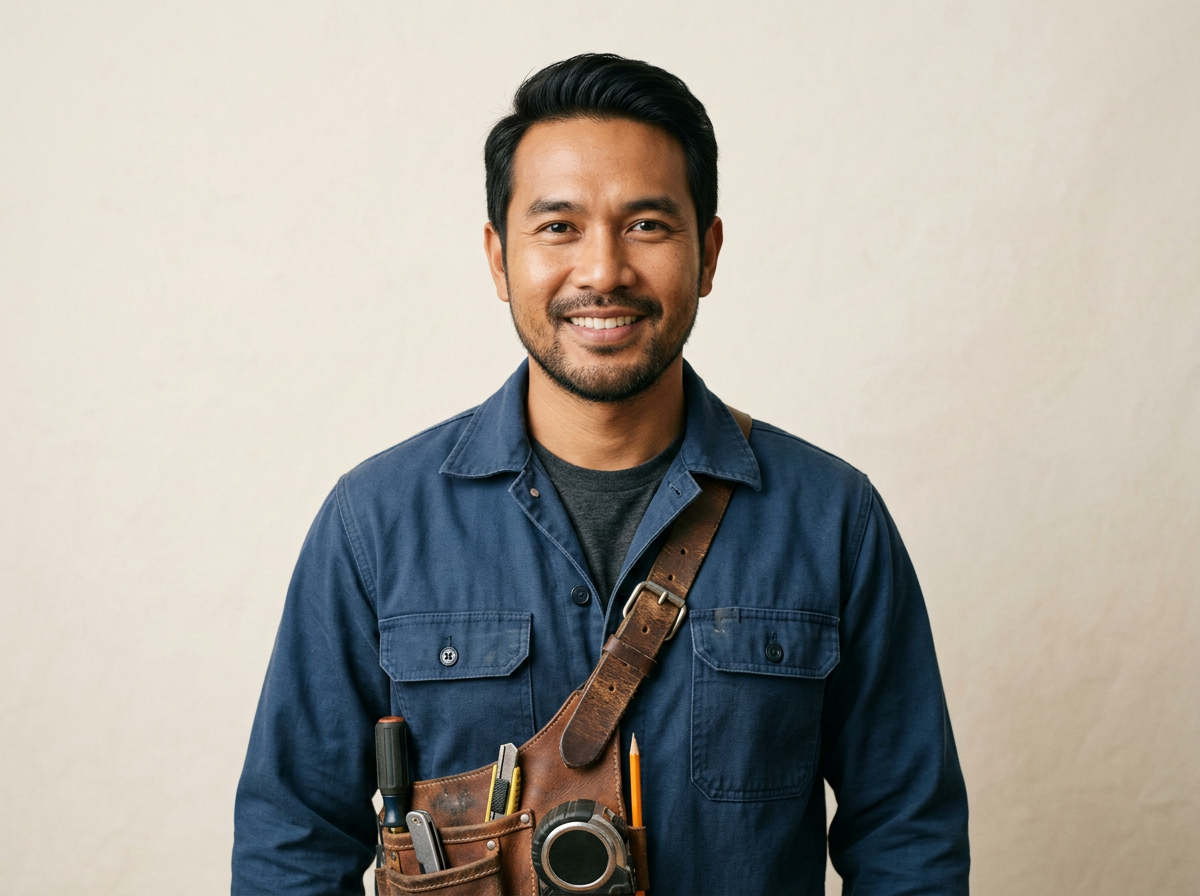 Thai handyman portrait in blue workwear / ภาพช่างไทยในชุดทำงานสีน้ำเงิน