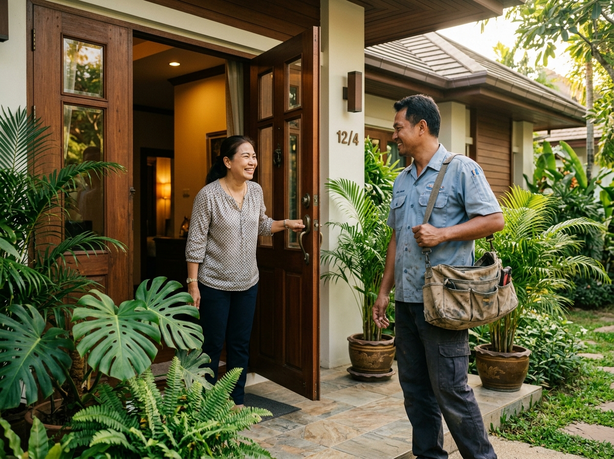 Thai handyman welcomed at a house entrance / ช่างไทยได้รับการต้อนรับที่ทางเข้าบ้าน