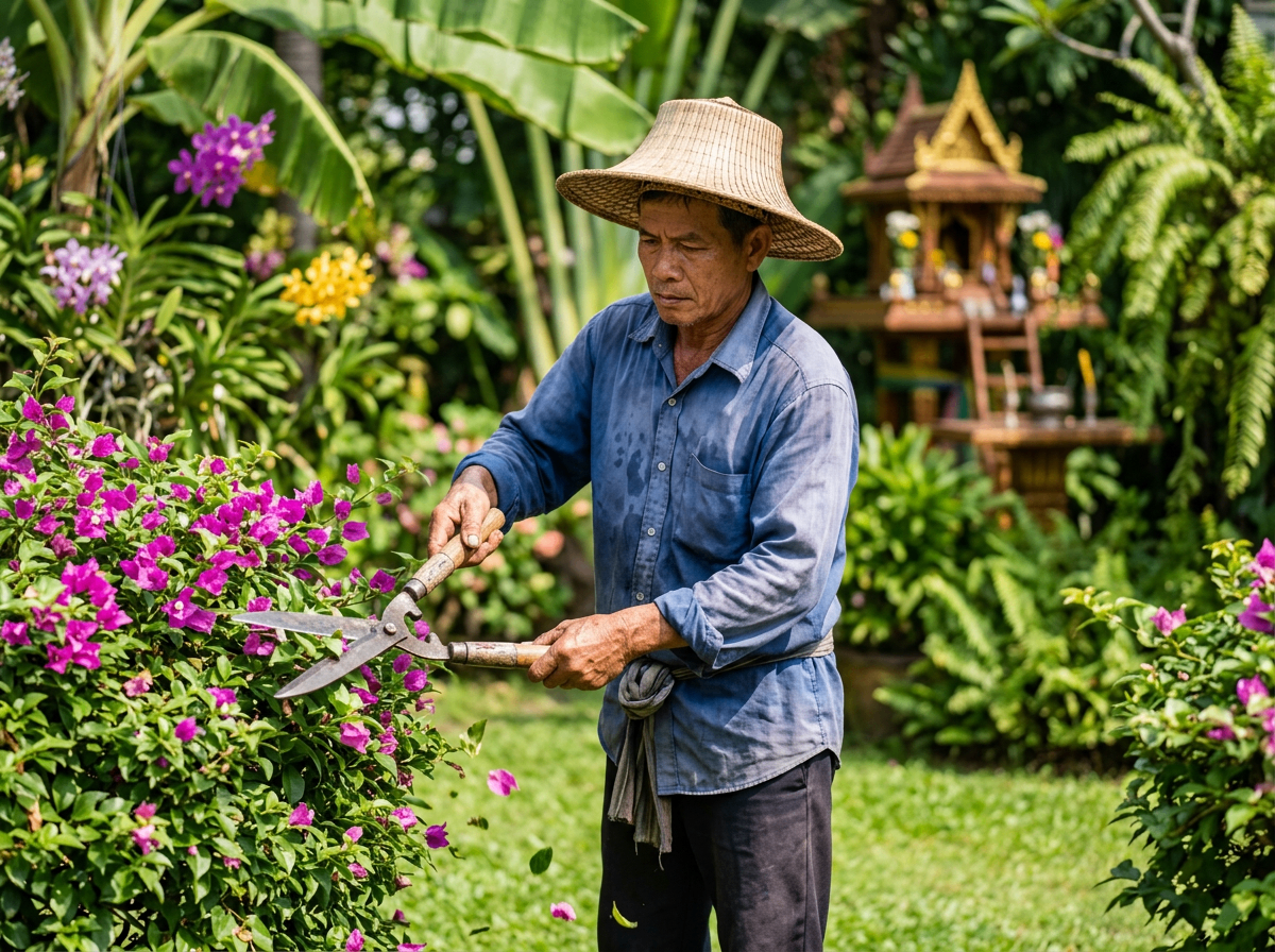 Gardener trimming a hedge in the afternoon light / ช่างจัดสวนกำลังตัดแต่งพุ่มไม้ในแสงบ่าย