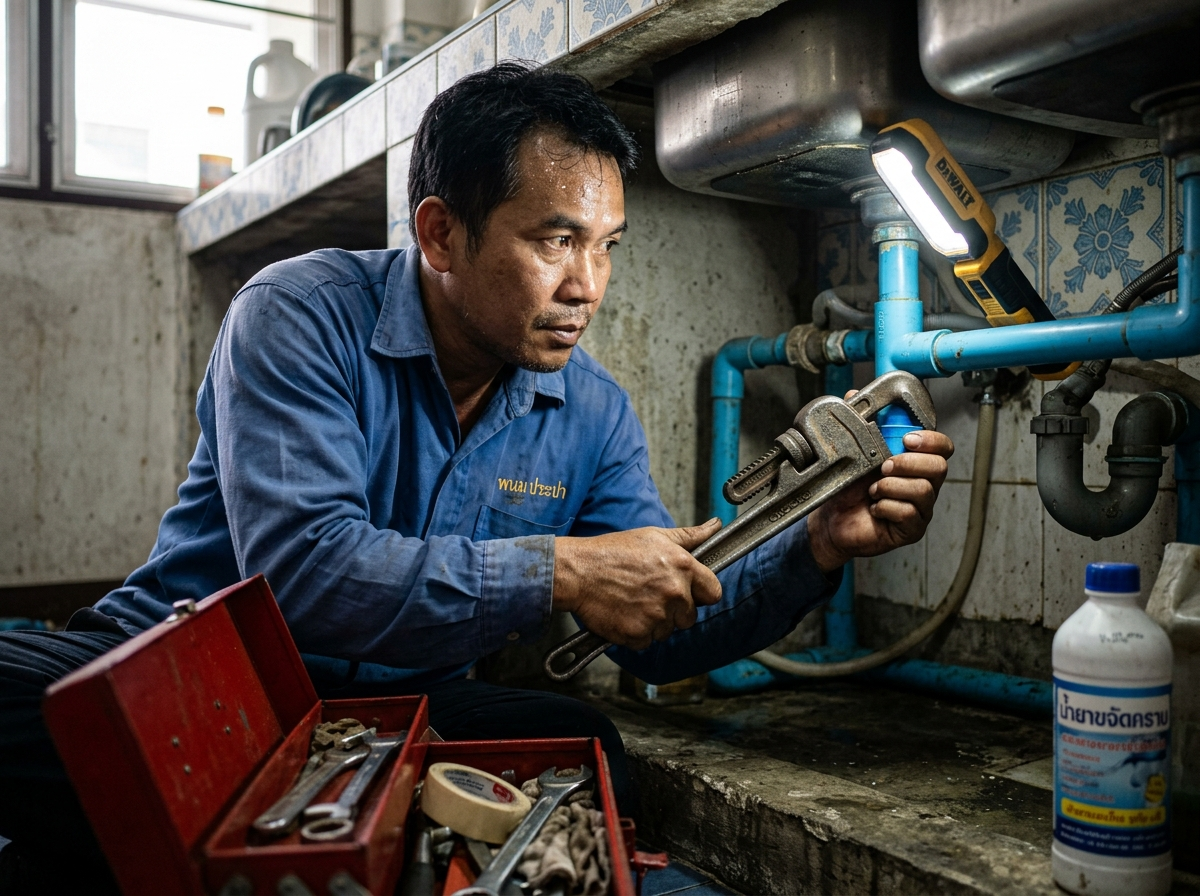 Plumber repairing pipes under a kitchen sink / ช่างประปากำลังซ่อมท่อใต้อ่างล้างจาน
