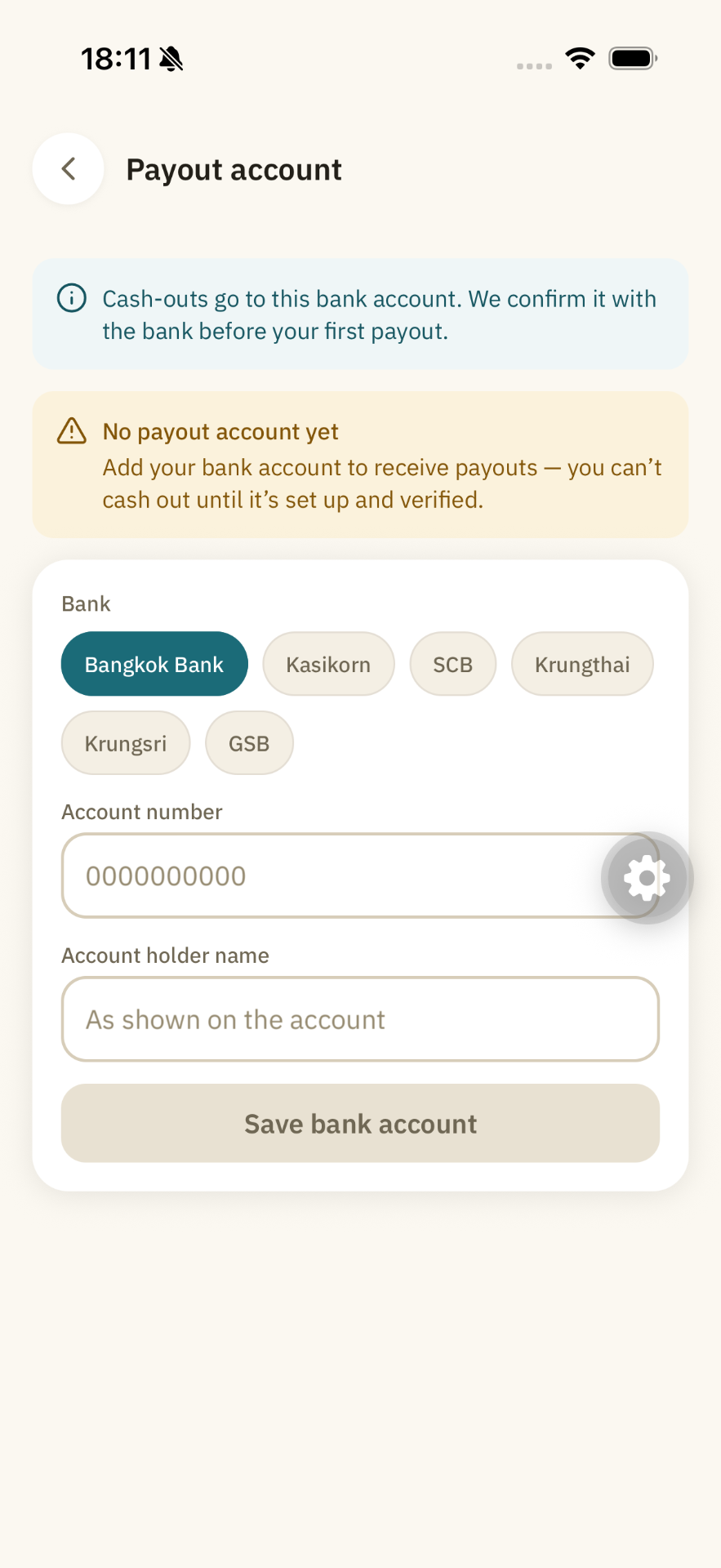 Payout account screen for adding a Thai bank account / หน้าจอบัญชีรับเงิน สำหรับเพิ่มบัญชีธนาคารไทย