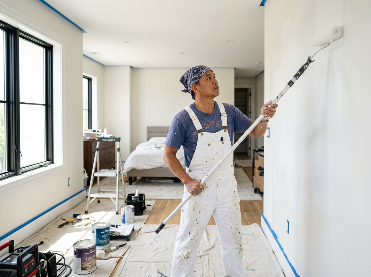 Painter applying a fresh coat to an interior wall / ช่างทาสีกำลังทาสีผนังภายในบ้าน