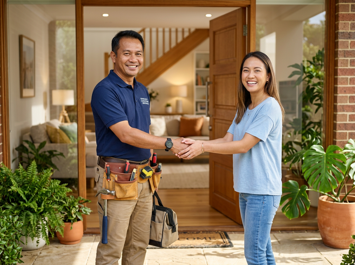 Pro and homeowner shaking hands after a finished job / ช่างกับเจ้าของบ้านจับมือกันหลังจบงาน