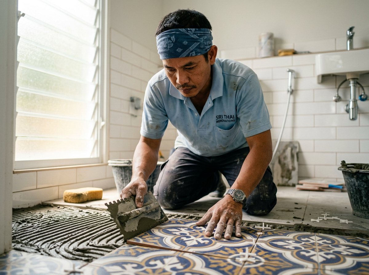 Tiler laying bathroom tiles with care / ช่างปูกระเบื้องห้องน้ำอย่างพิถีพิถัน