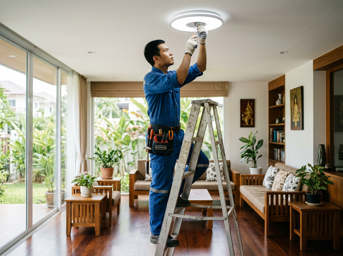 Electrician installing a ceiling light in a Thai home / ช่างไฟฟ้ากำลังติดตั้งโคมไฟเพดานในบ้าน