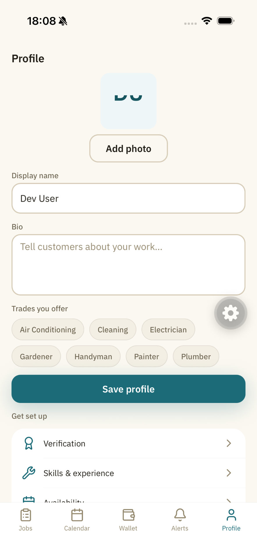 Pro profile with trades you offer and Get set up checklist / โปรไฟล์ช่าง พร้อมรายการงานที่ให้บริการและรายการตั้งค่า