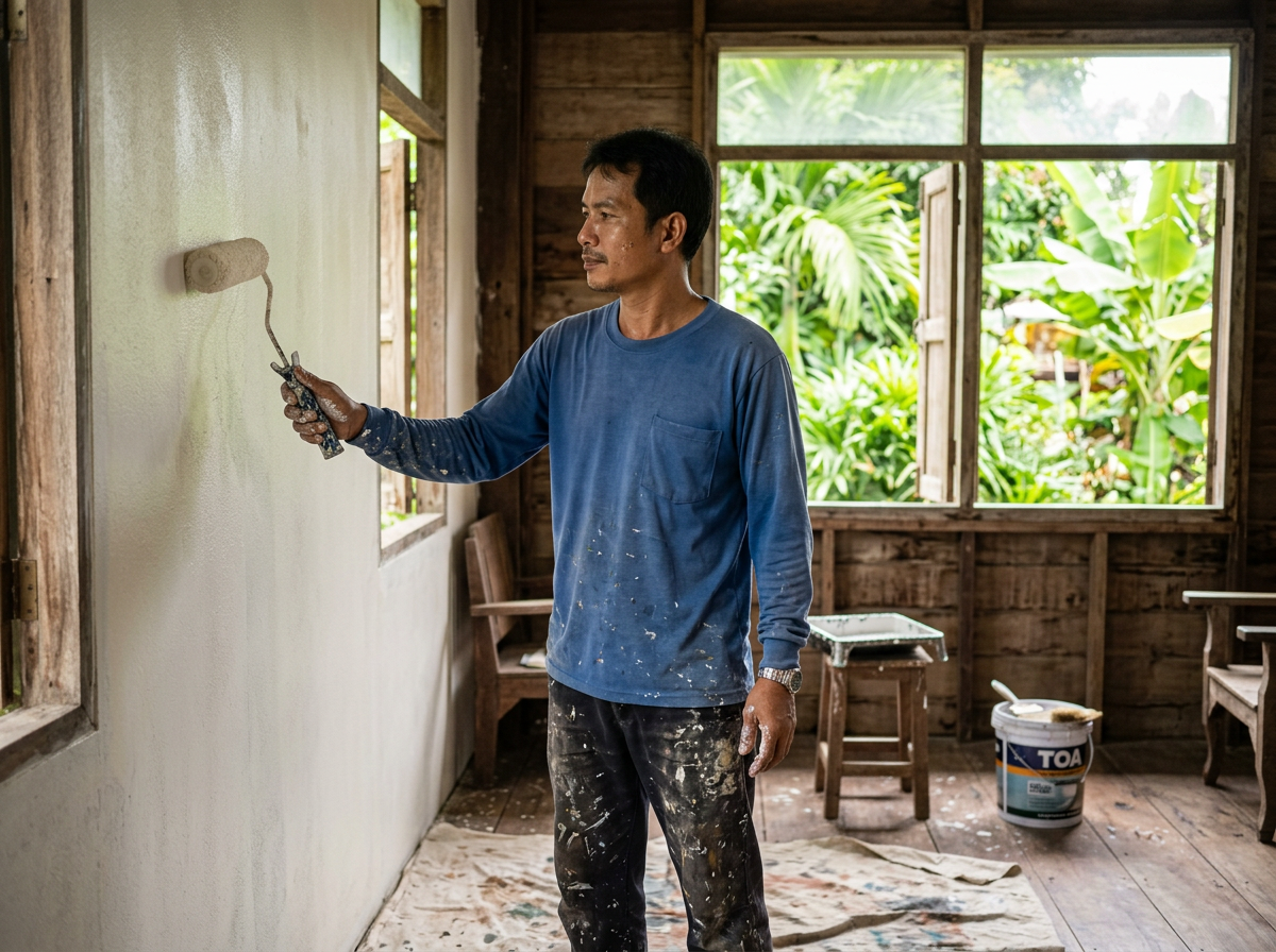 Thai painter rolling a wall inside a wooden home / ช่างทาสีไทยกำลังกลิ้งสีผนังในบ้านไม้