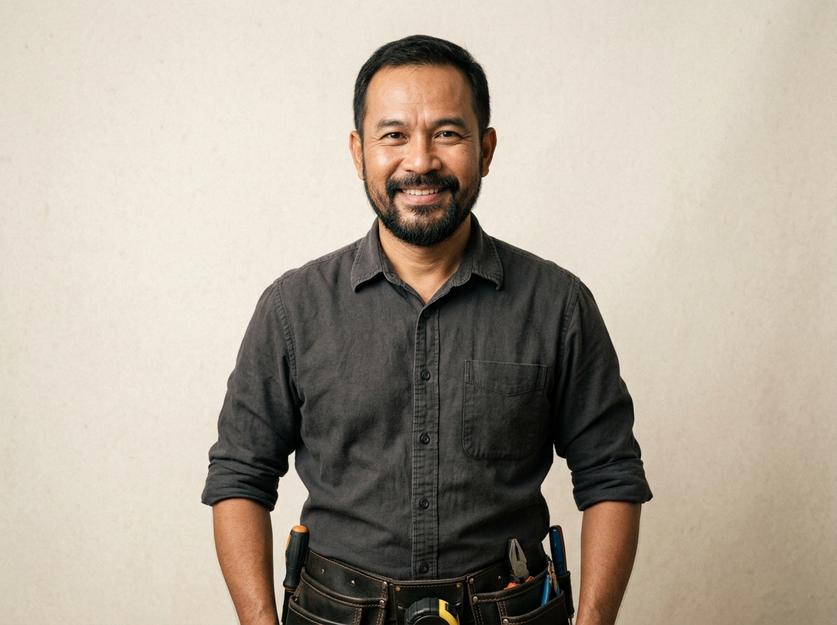 Thai handyman portrait in a grey shirt with toolbelt / ภาพช่างไทยในเสื้อสีเทาพร้อมเข็มขัดเครื่องมือ