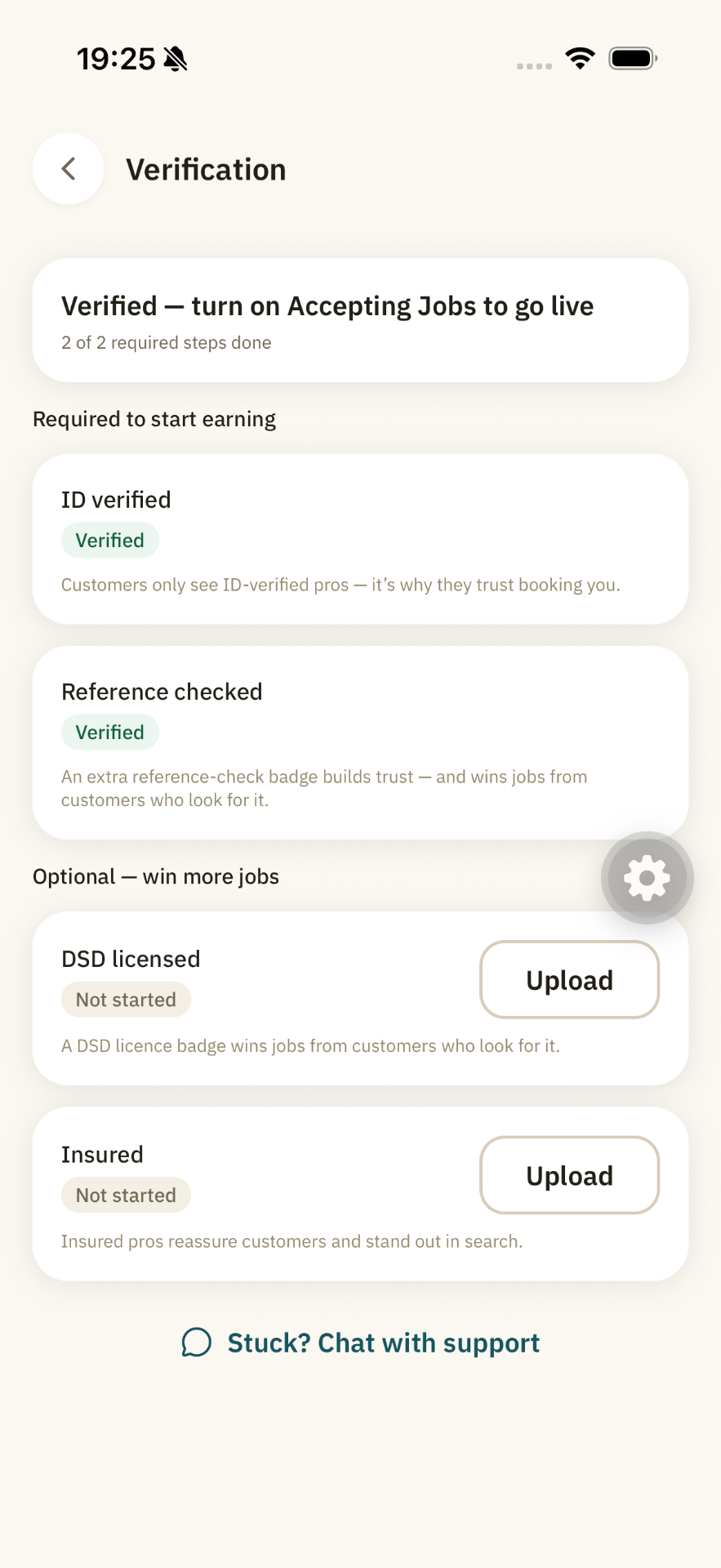 Verification complete — turn on Accepting Jobs to go live / การตรวจสอบเสร็จสมบูรณ์ — เปิดรับงานเพื่อเริ่มให้บริการ