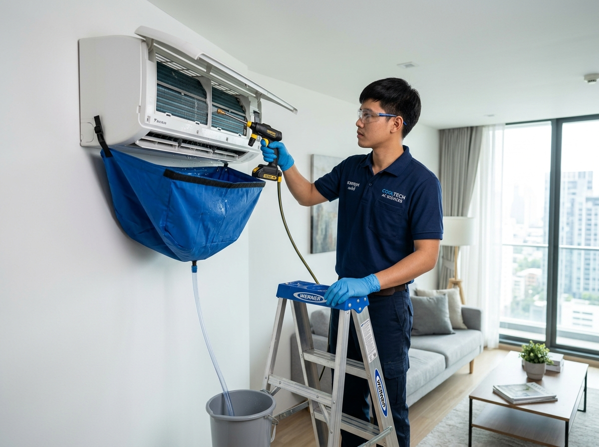 Technician cleaning a wall-mounted air-conditioner / ช่างกำลังล้างแอร์ติดผนัง